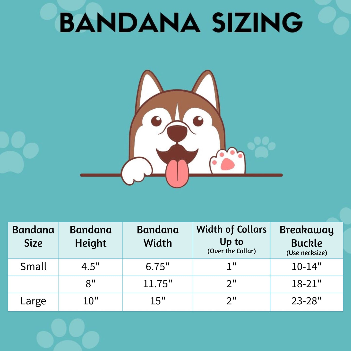 Dog bandana sizing chart titled 'Bandana Sizing' with a cartoon dog image and a table listing bandana sizes from Small to Large, with corresponding dimensions for height, width, collar width, breakaway buckle neck size range.