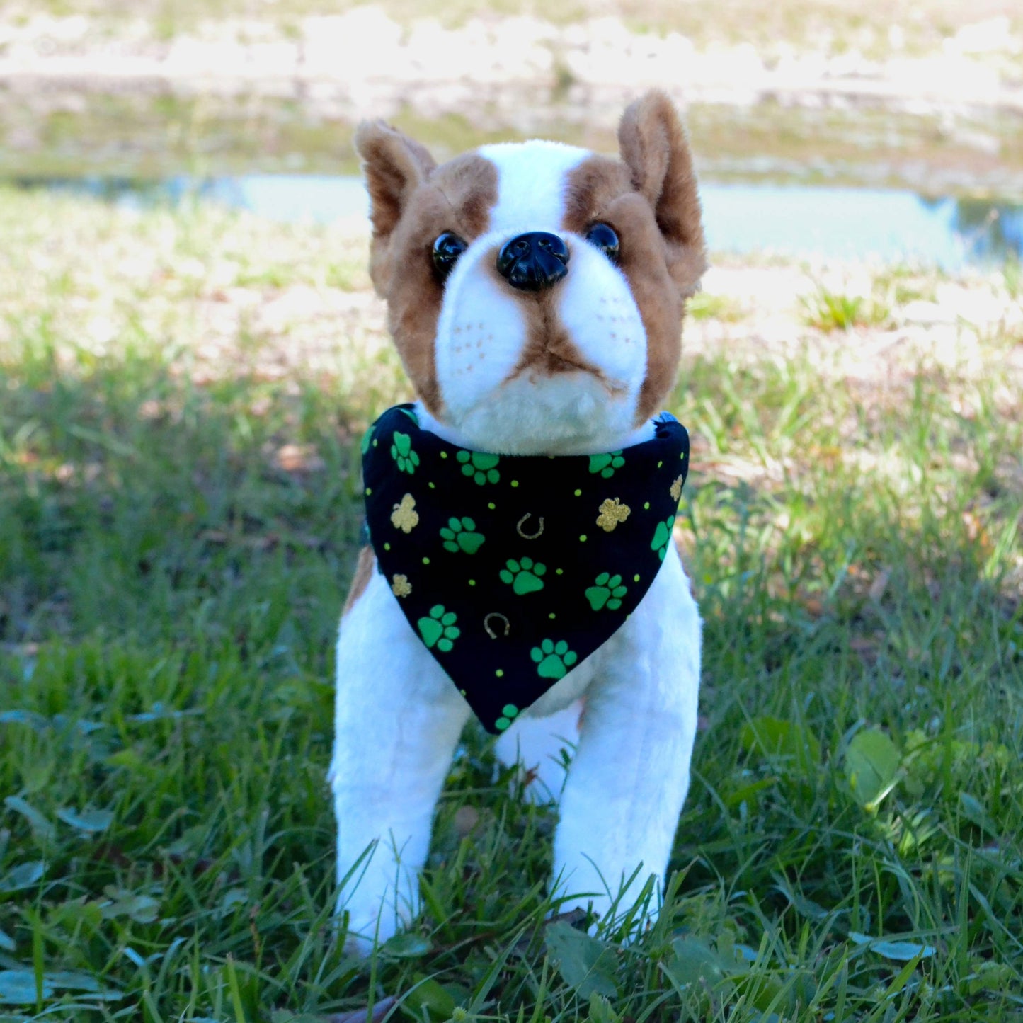 Brown and white stuffed toy dog wearing a black bandana with green paws and golden glitter horseshoe and shamrocks. Background is grass