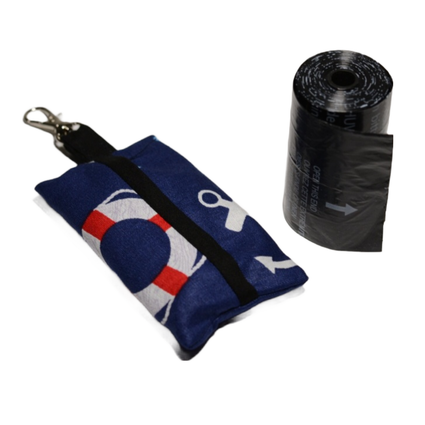 A blue and white nautical themed patterned dog waste bag dispenser with a black strap and a black button closure. The dispenser has a black plastic bag holder and a silver metal clip. The dispenser is designed to be attached to a leash or belt loop.