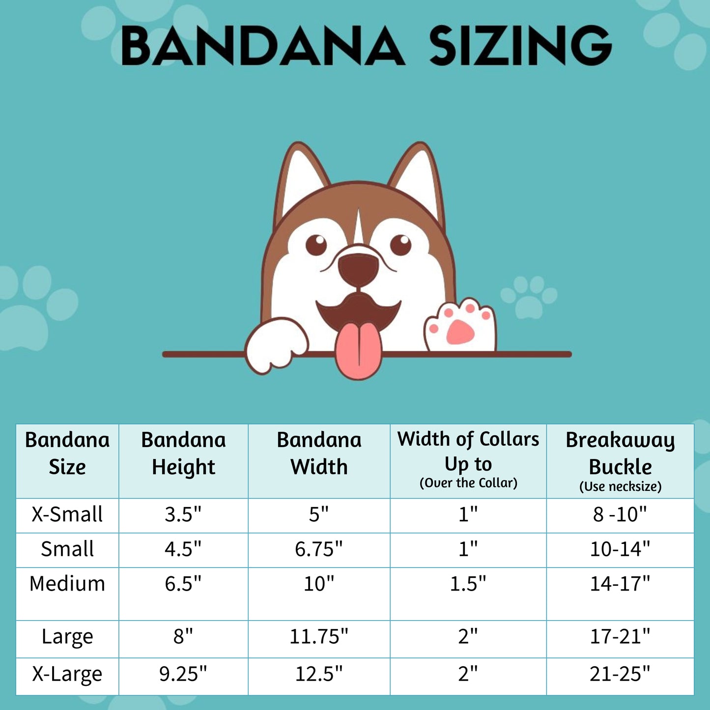 Dog bandana sizing chart titled 'Bandana Sizing' with a cartoon dog image and a table listing bandana sizes from X-Small to X-Large, with corresponding dimensions for height, width, collar width, and breakaway buckle neck size range.