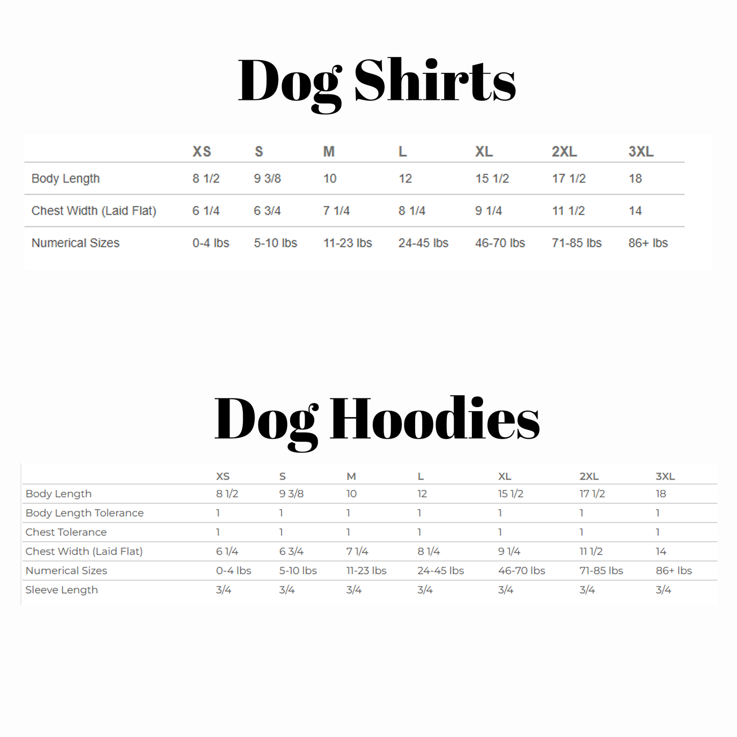 Size chart for dog shirts and hoodies on a white background