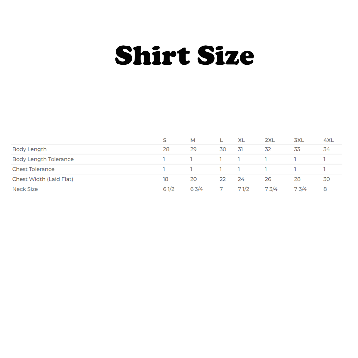 Shirt size chart with measurements for various sizes on a white background