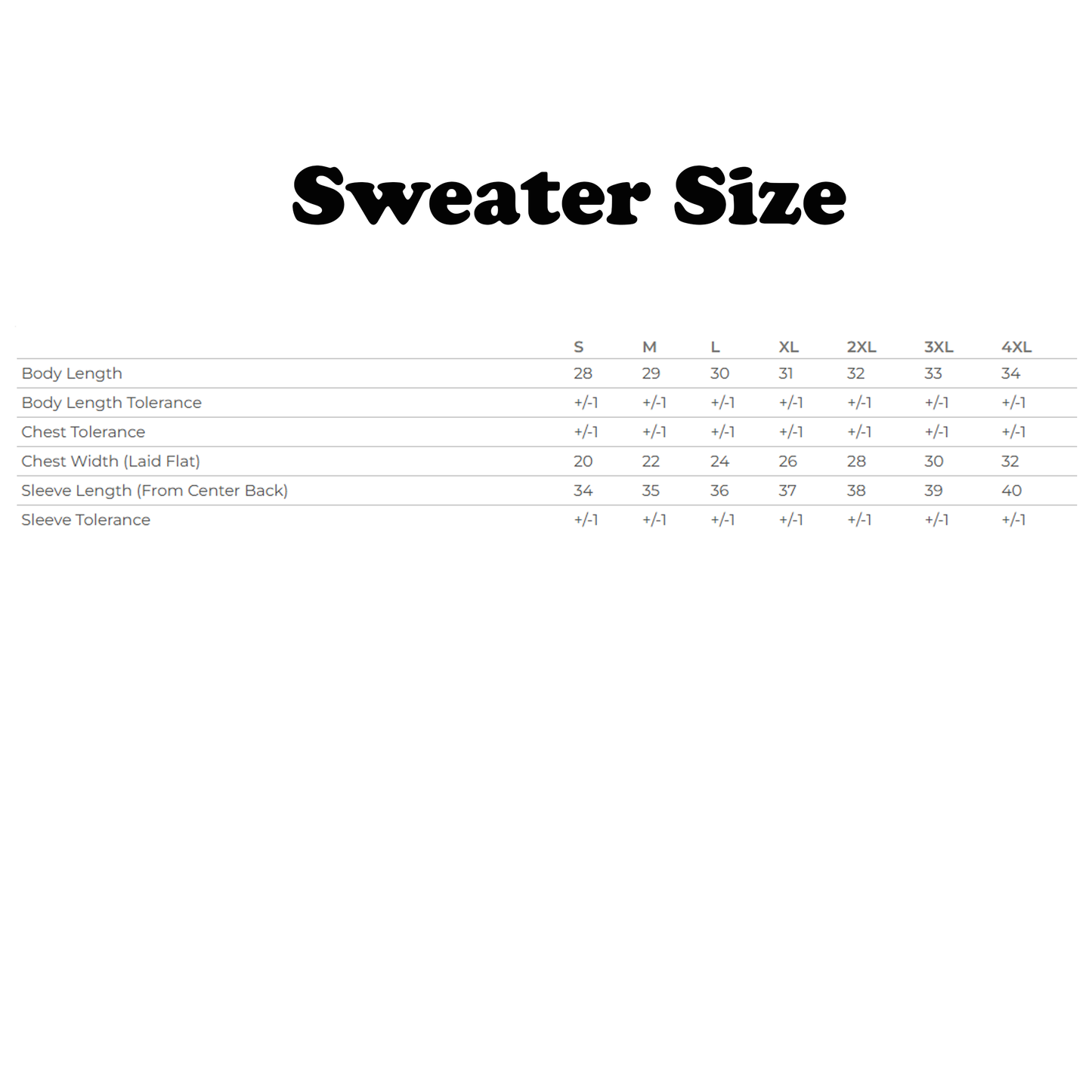Sweater size chart with measurements for various sizes on a white background