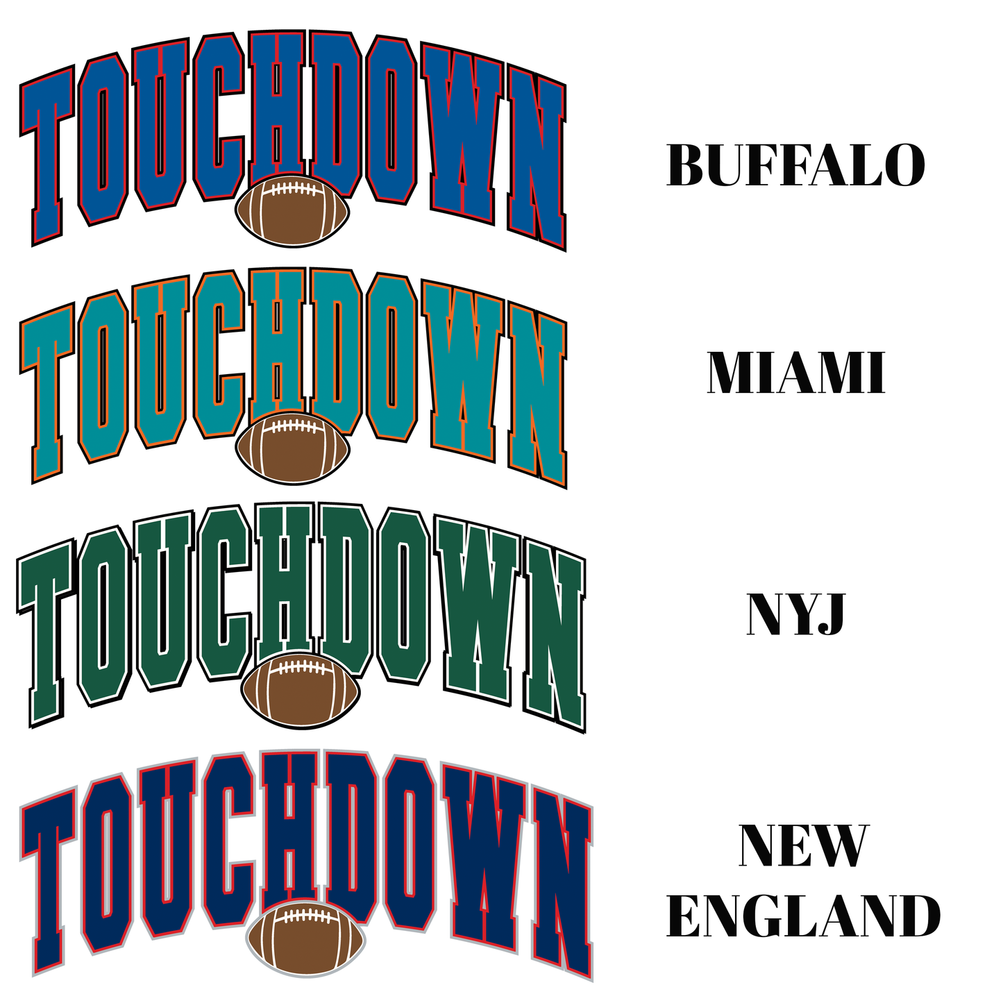 Four instances of 'Touchdown' text with football graphics and city names below on a white background.