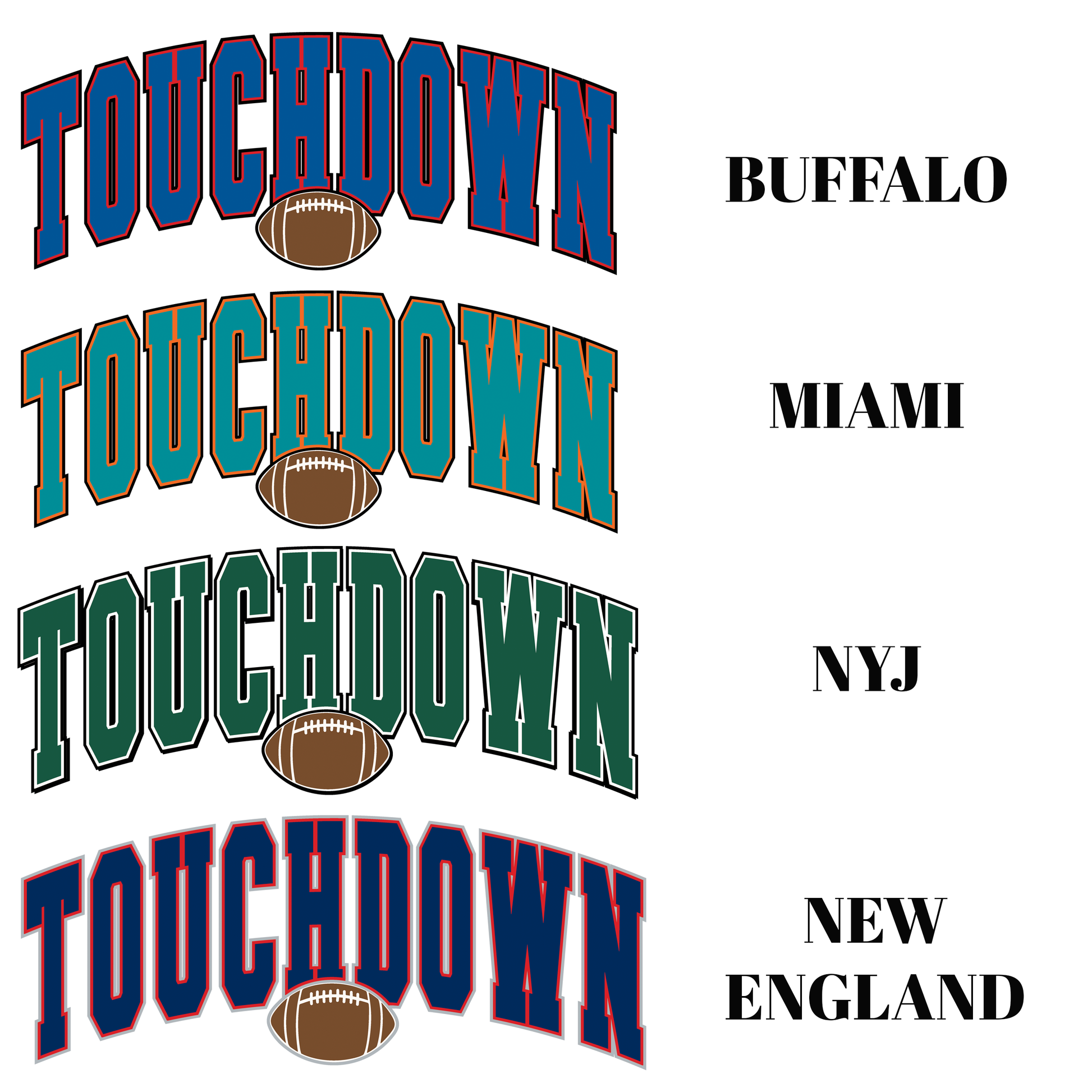 Four instances of 'Touchdown' text with football graphics and city names below on a white background.