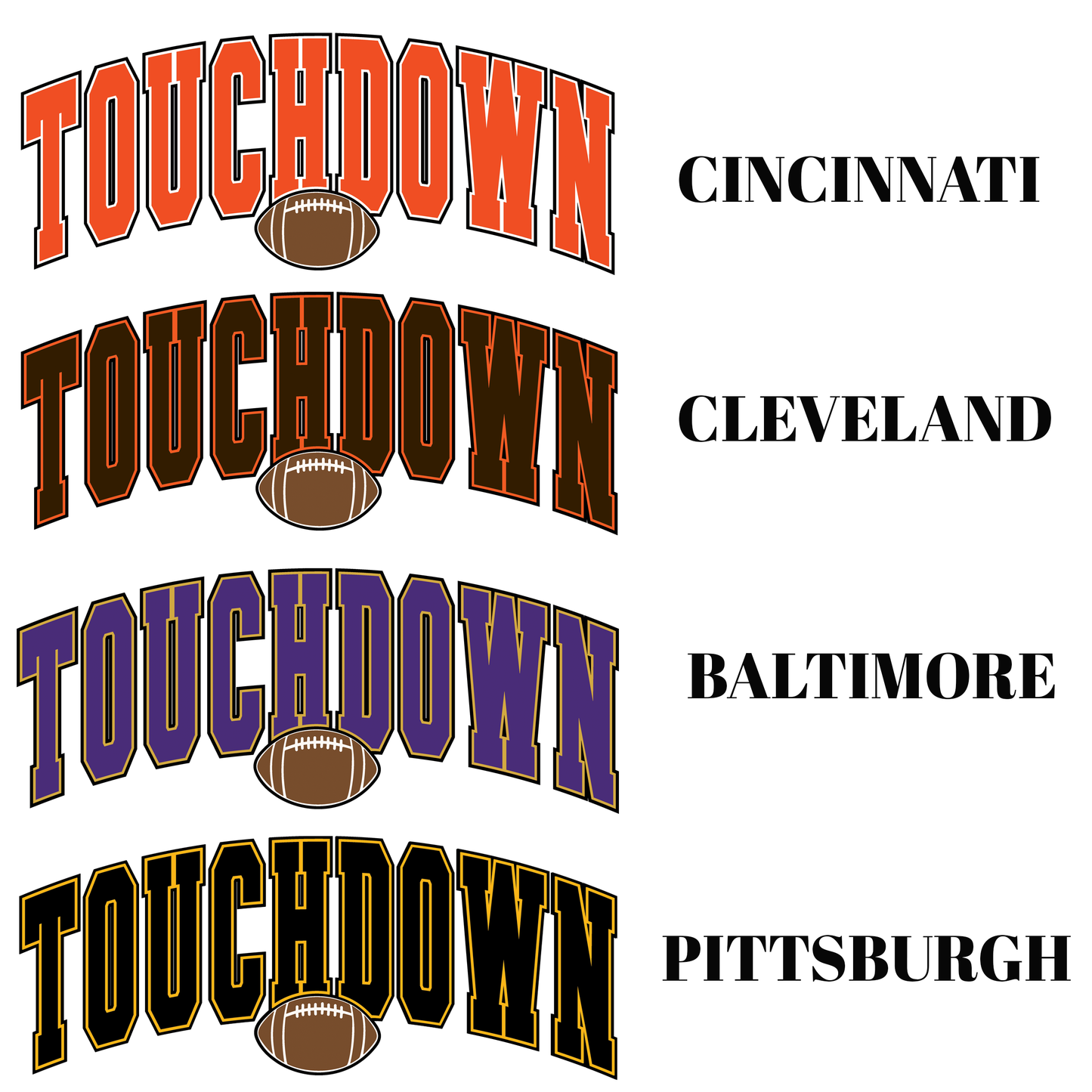 Four instances of 'Touchdown' text in different colors with football icons below, on a white background.