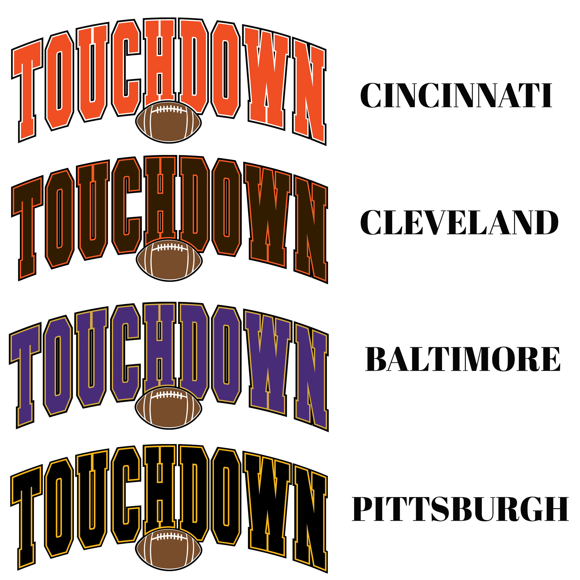Four instances of 'Touchdown' text in different colors with football icons below, on a white background.