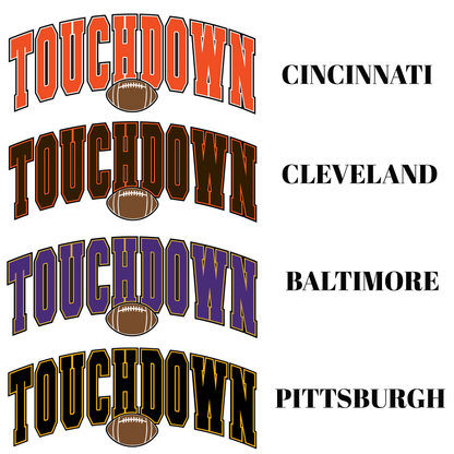 Four instances of 'Touchdown' text in different colors with football icons below, on a white background.