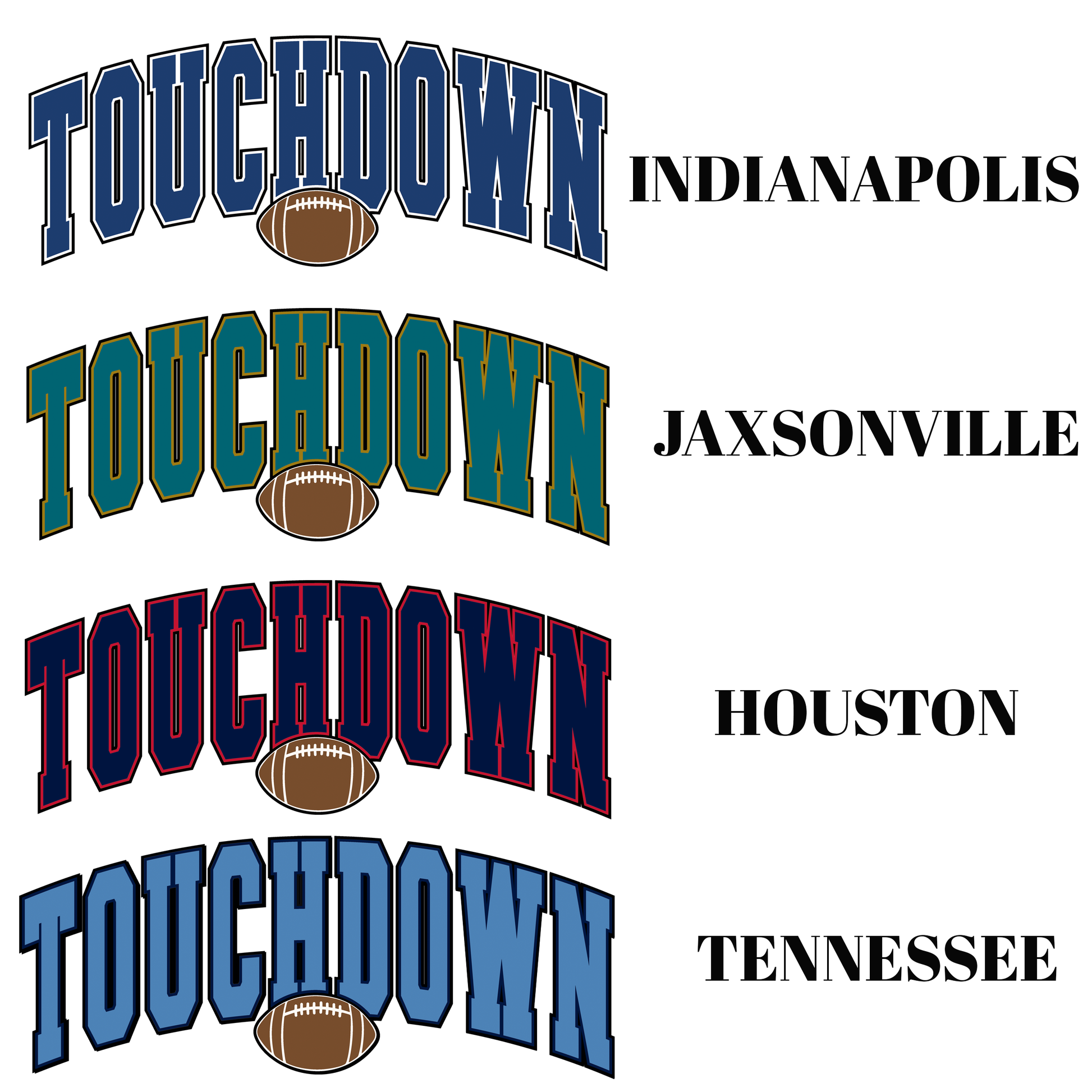 Repetitive design of 'TOUCHDOWN' text with football icons and city names on a white background