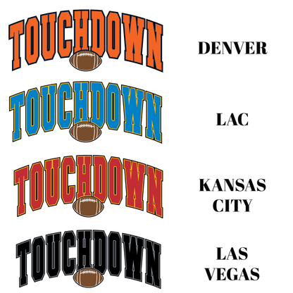 Four instances of 'Touchdown' text with football graphics and city names below on a white background.