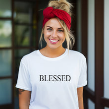 Load image into Gallery viewer, White t-shirt with black lettering &quot;Blessed&quot;
