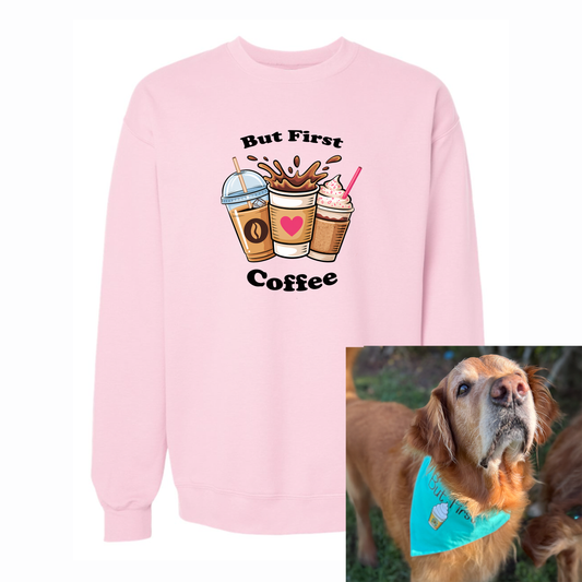 Pink sweatshirt with coffee graphic and text, next to a dog wearing a blue bandana.