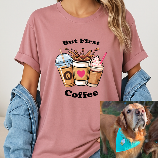 Pink t-shirt with coffee-themed design and a dog wearing a blue bandana.