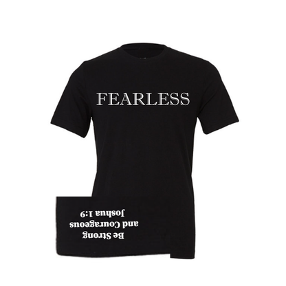 Black t-shirt with 'FEARLESS' text with Joshua 1:9 Be strong and courageous