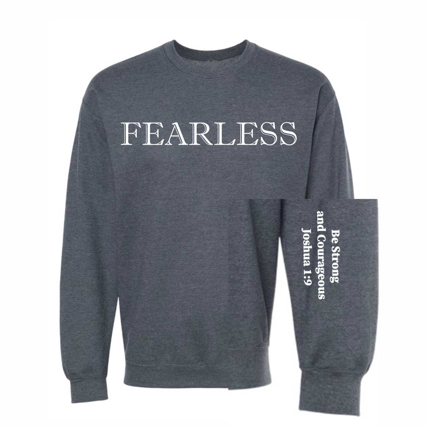 Gray sweatshirt with 'FEARLESS' text on a white background