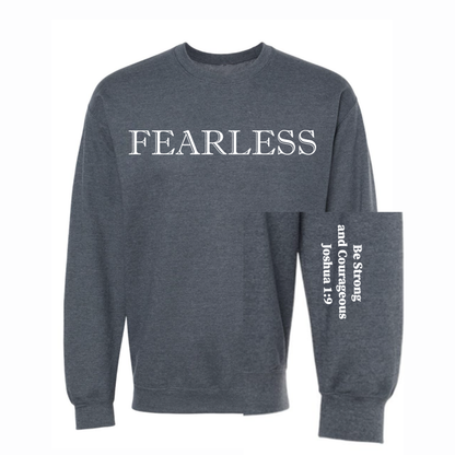Gray sweatshirt with 'FEARLESS' text on a white background