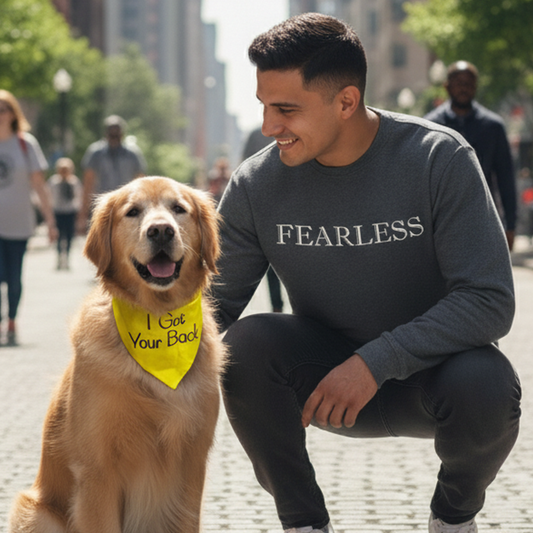 Man in 'FEARLESS' shirt with a golden retriever on a city street