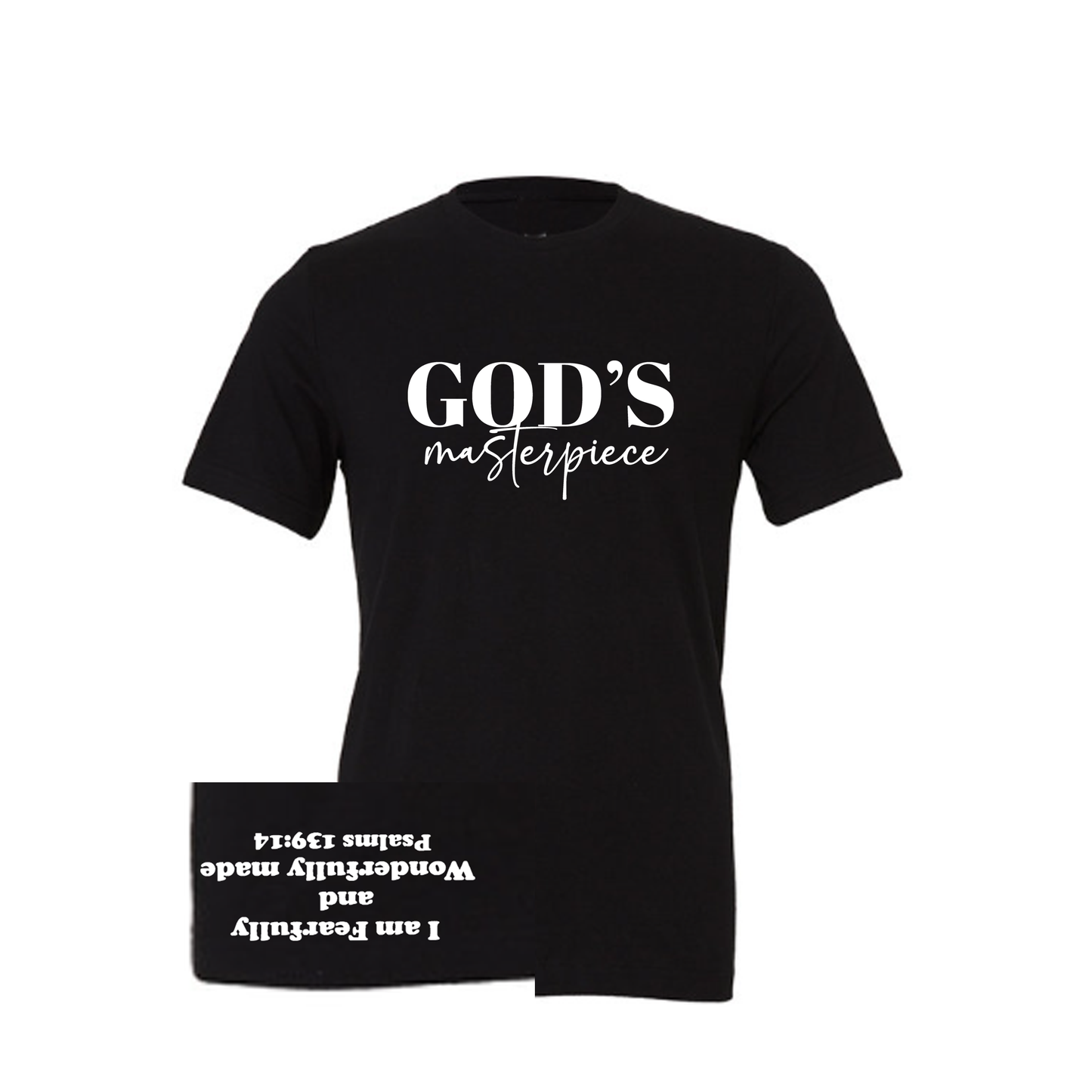 Black t-shirt with 'GOD'S masterpiece' text on a white background