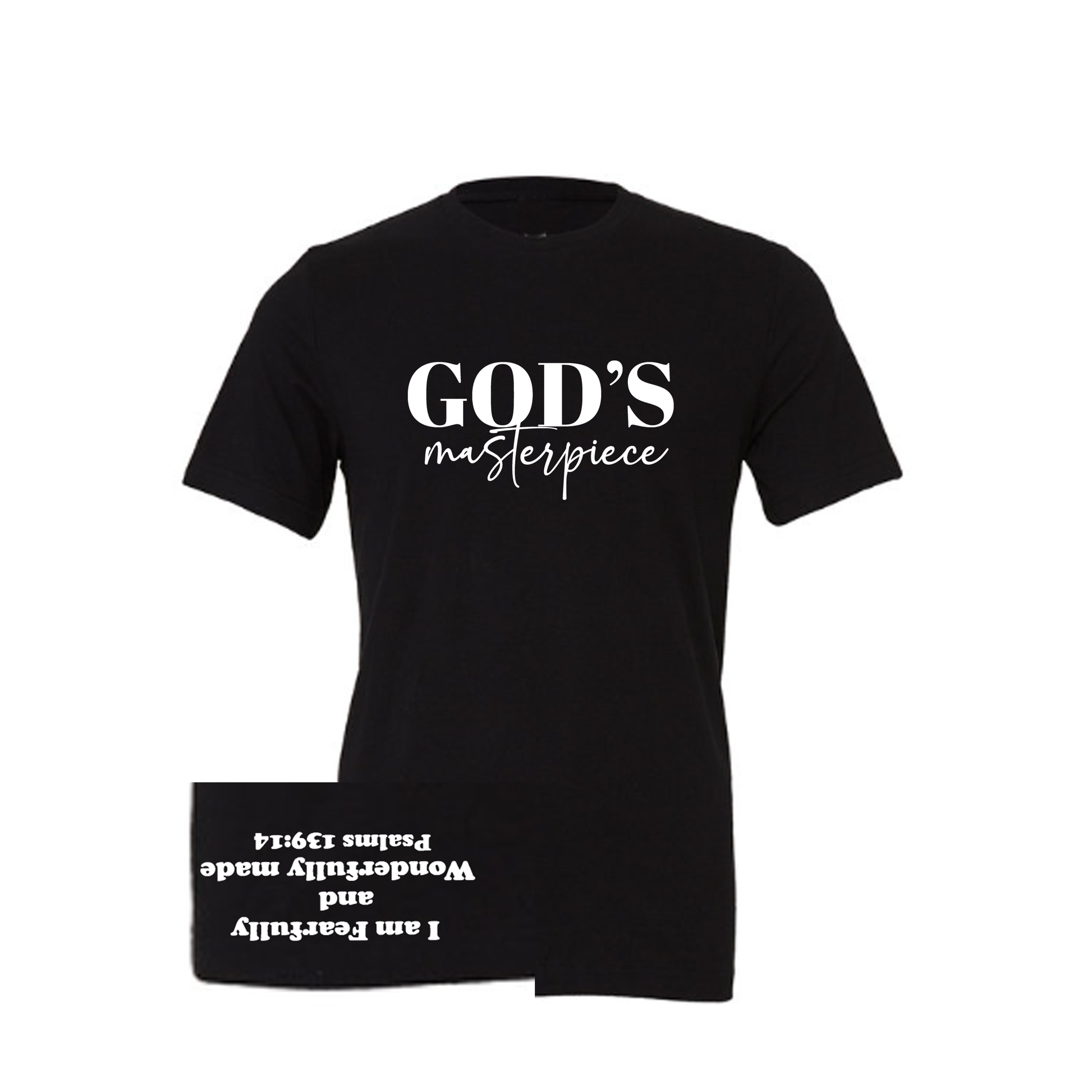 Black t-shirt with 'GOD'S masterpiece' text on a white background