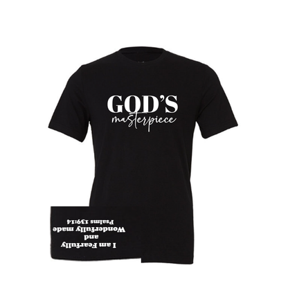 Black t-shirt with 'GOD'S masterpiece' text on a white background