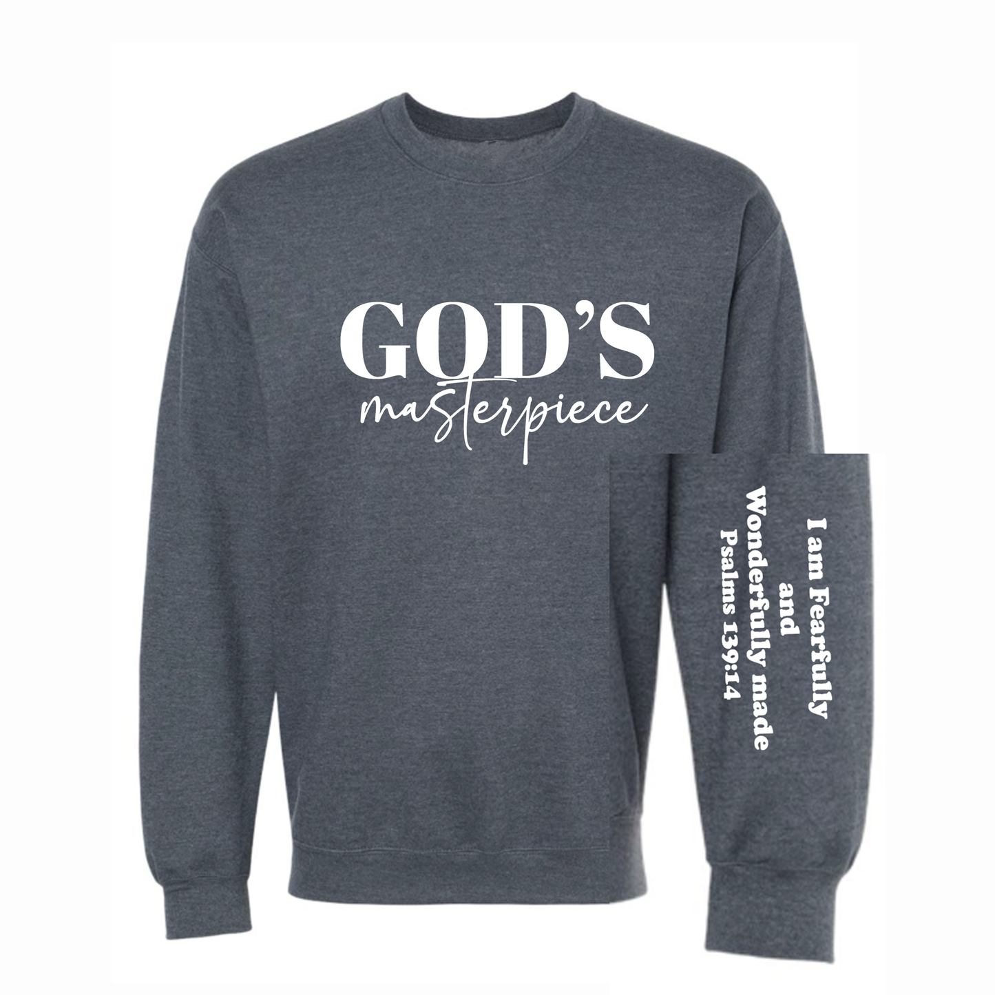 Gray sweatshirt with 'GOD'S masterpiece' text on a white background
