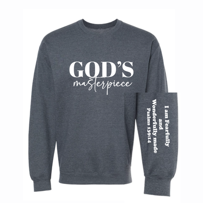 Gray sweatshirt with 'GOD'S masterpiece' text on a white background