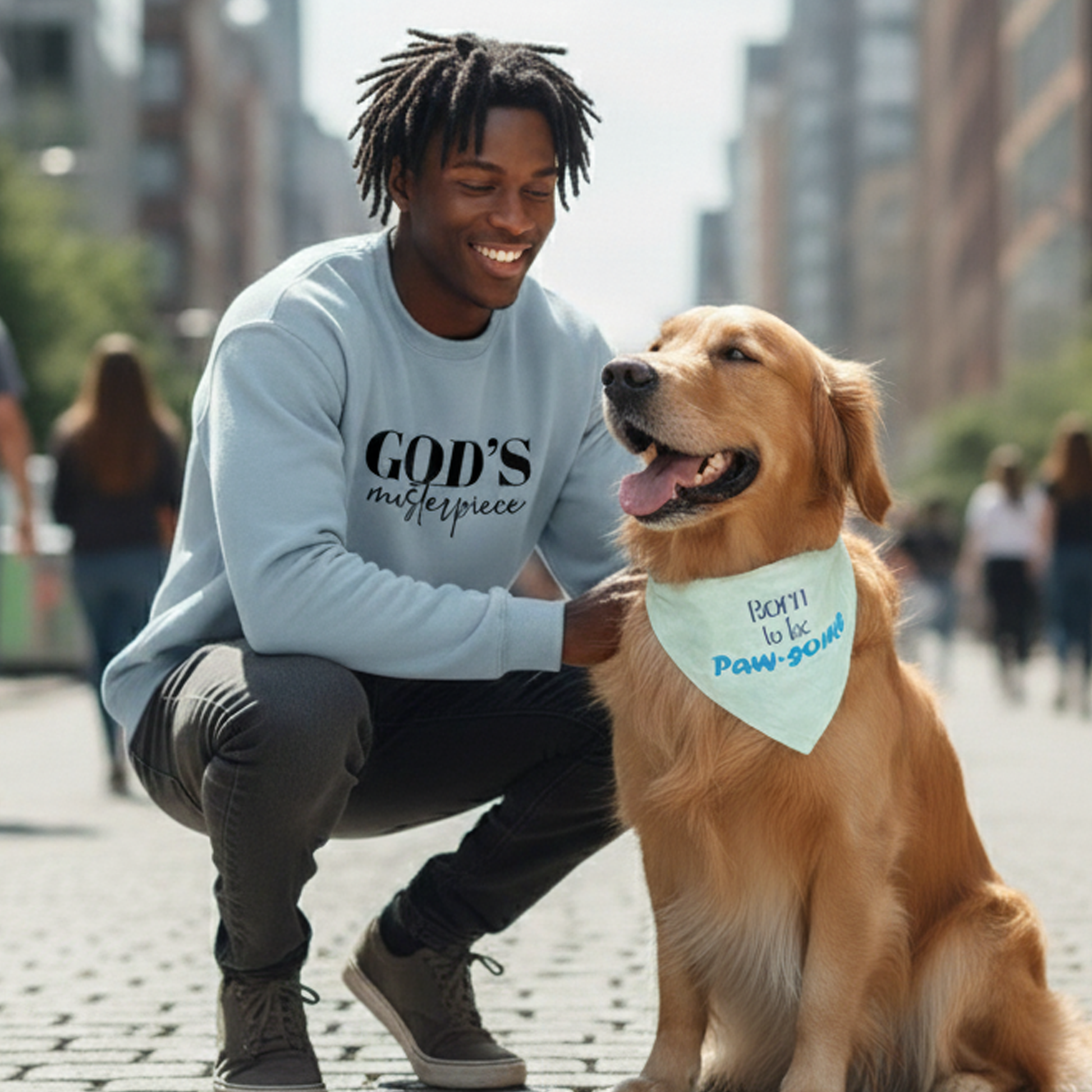 Man in a light blue sweatshirt with 'GOD'S masterpiece' text, kneeling next to a golden retriever dog on a city street.