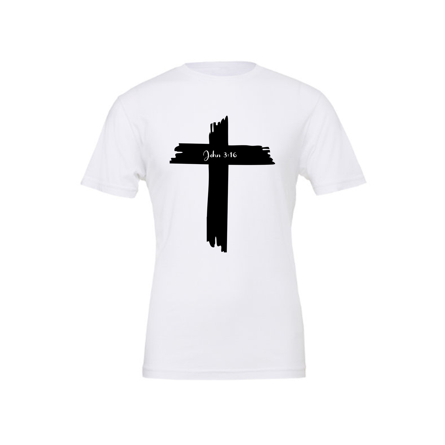 White t-shirt with a black cross design and John 3:16 on a white background