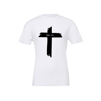 White t-shirt with a black cross design and John 3:16 on a white background
