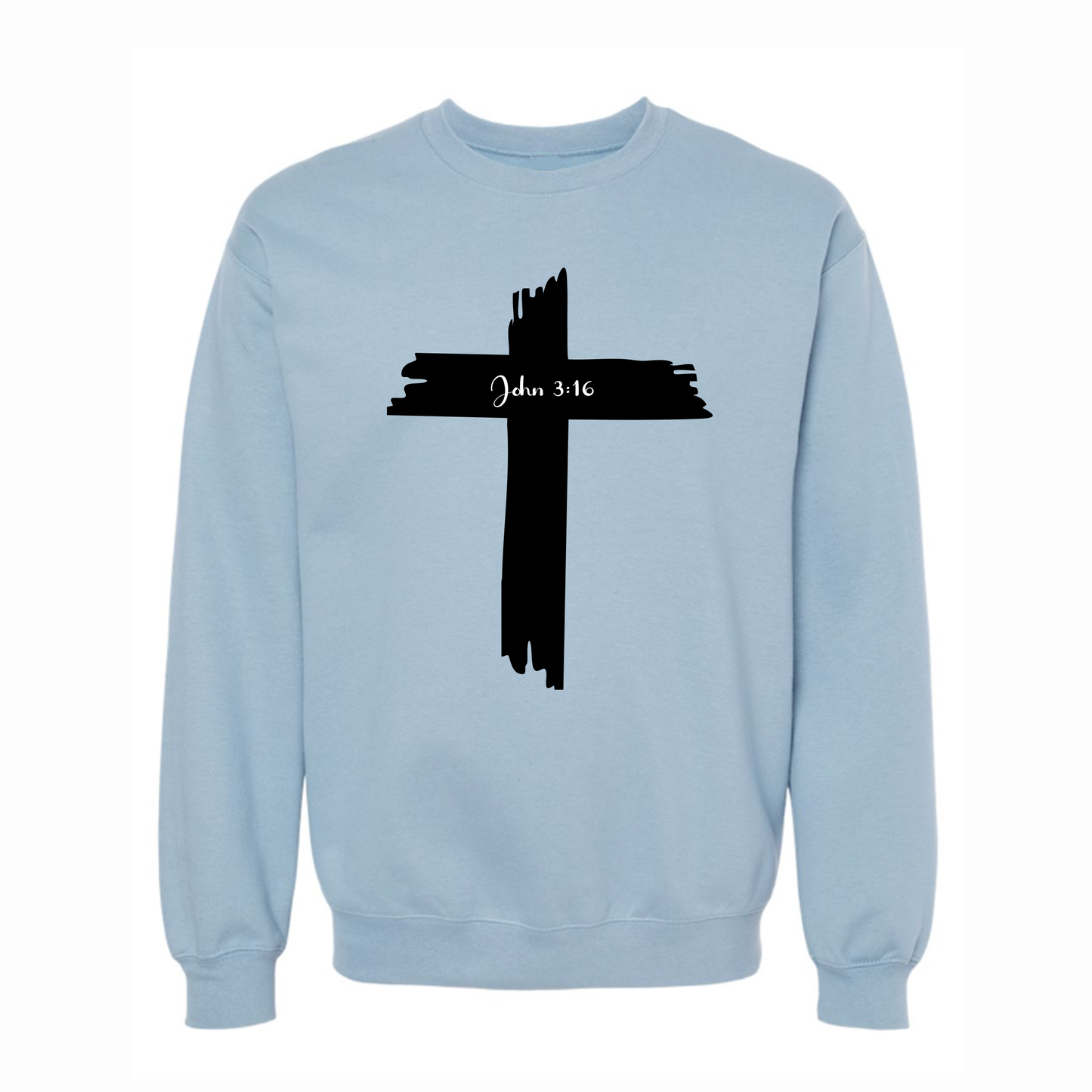Light blue sweatshirt with a black cross design on a white background
