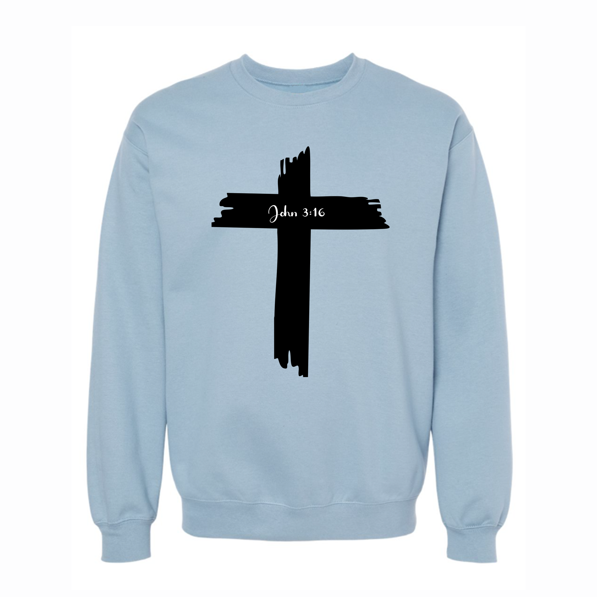 Light blue sweatshirt with a black cross design on a white background