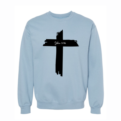 Light blue sweatshirt with a black cross design on a white background