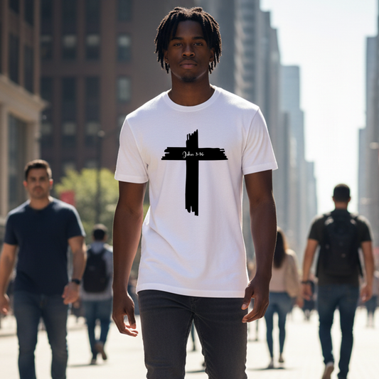 Man wearing a white t-shirt with a John 3:16 black cross design in an urban setting