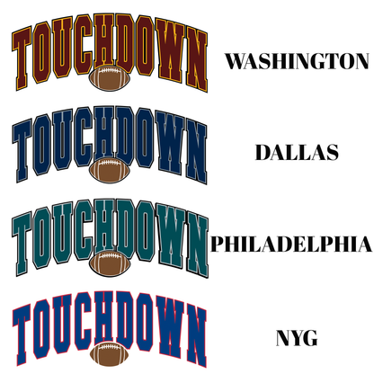 Four instances of 'Touchdown' text in different colors with football icons below on a white background.