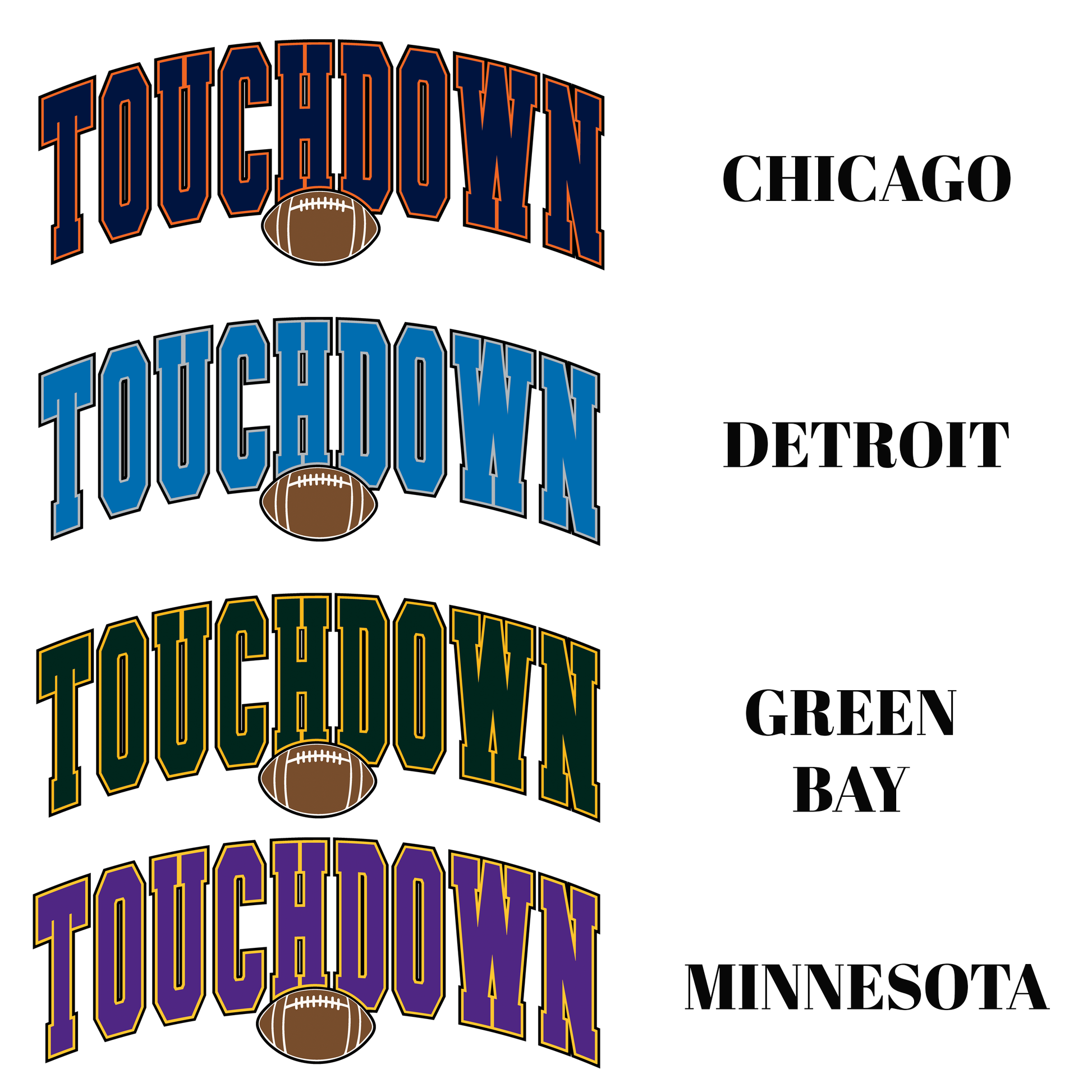 Four different styles of 'Touchdown' text with football icons and city names below on a white background.