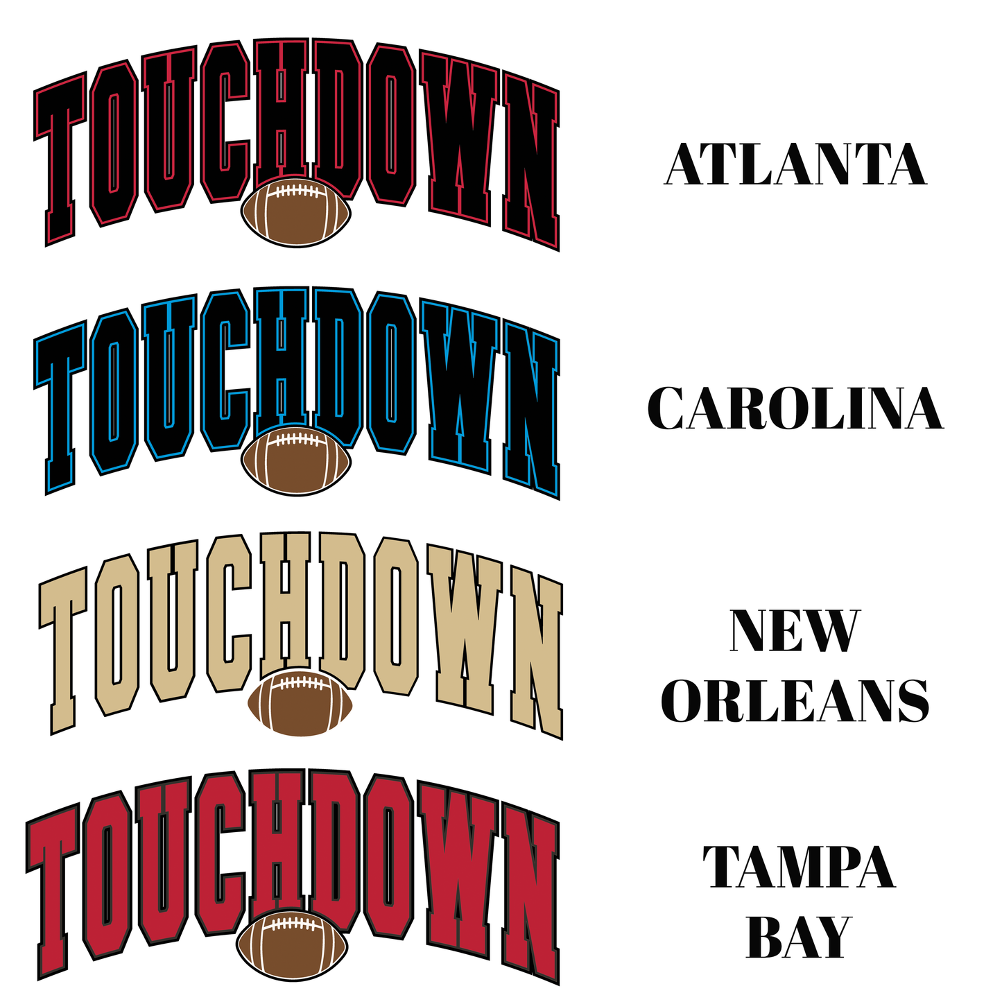 Four instances of 'Touchdown' text with football graphics and city names below on a white background.