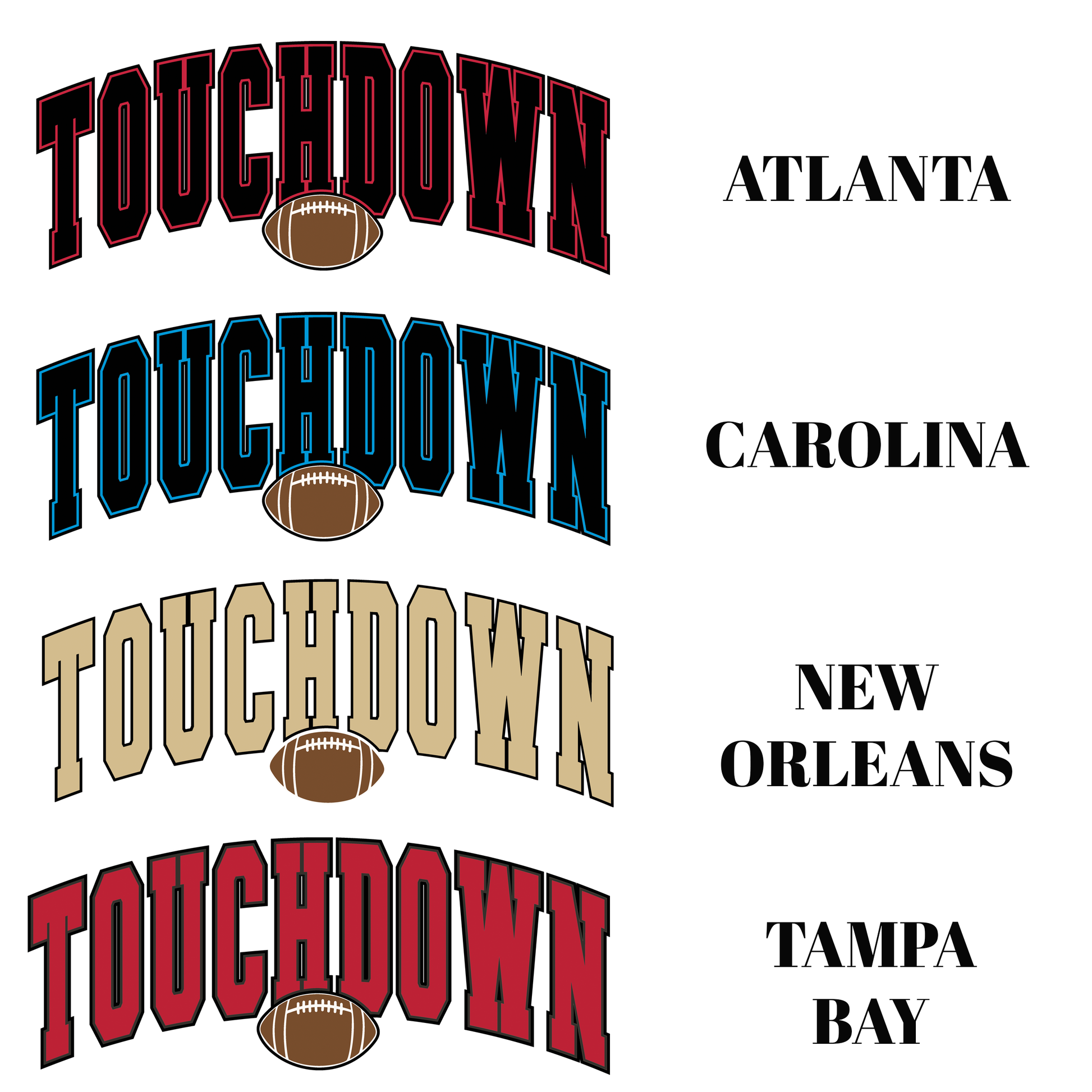 Four instances of 'Touchdown' text with football graphics and city names below on a white background.