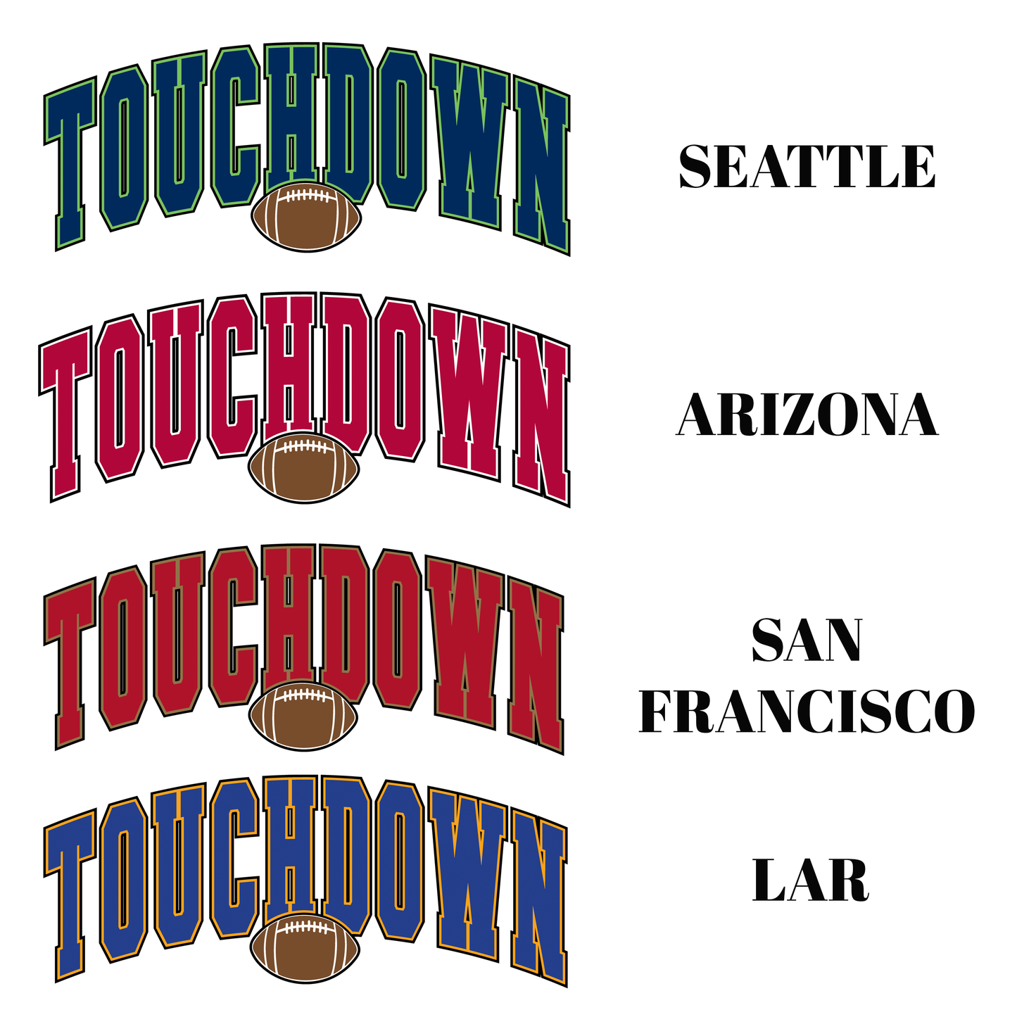 Repeating 'TOUCHDOWN' text with football graphics and city names on a white background