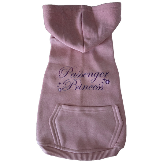 dog hoodie with 'Passenger Princess' text on a white background
