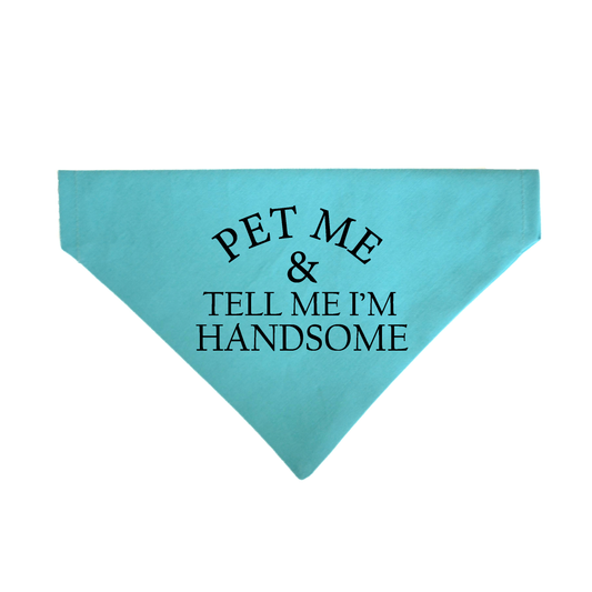 Turquoise pet bandana with text 'Pet Me & Tell Me I'm Handsome' on a white background