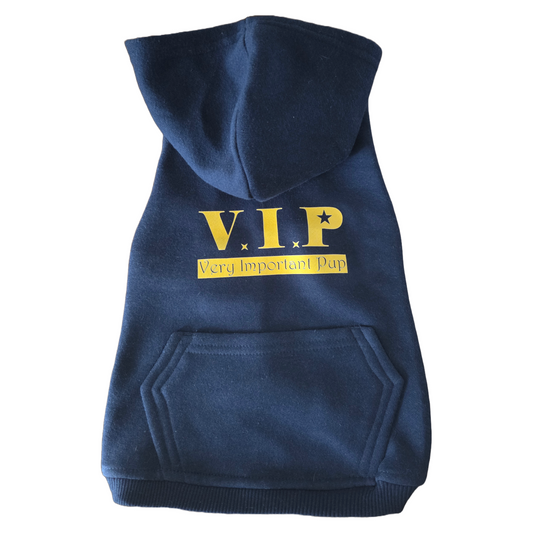 Navy blue pet hoodie with 'V.I.P. Very Important Pup' text on a white background