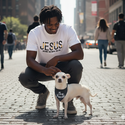 Man in a 'Jesus' t-shirt with a small dog wearing a On my praise walk bandana
