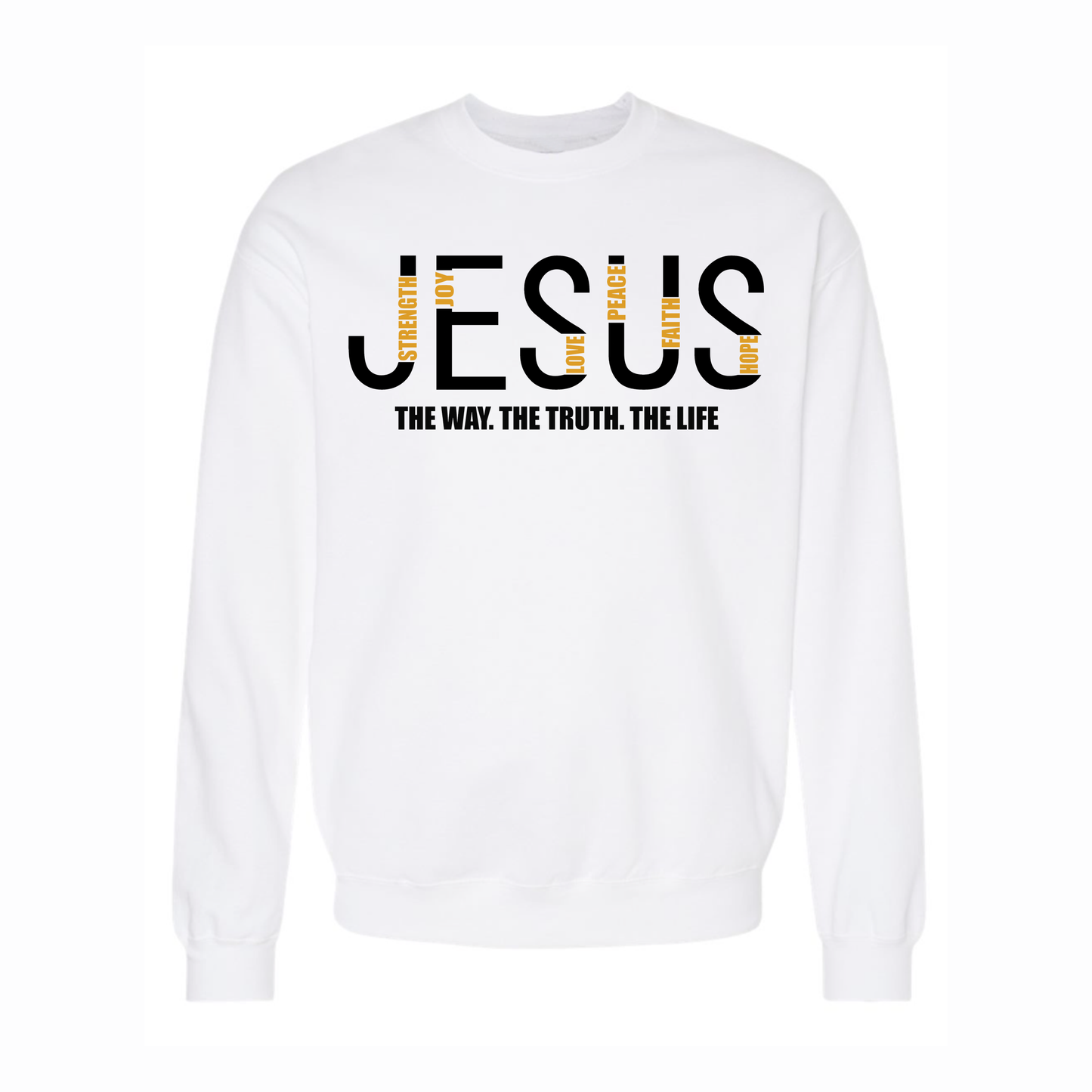 White sweatshirt with 'Jesus is the way, the truth, the life' text on a white background