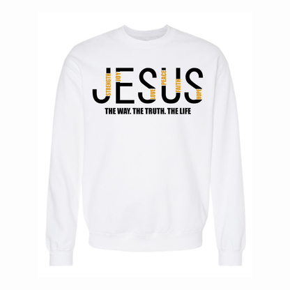 White sweatshirt with 'Jesus is the way, the truth, the life' text on a white background