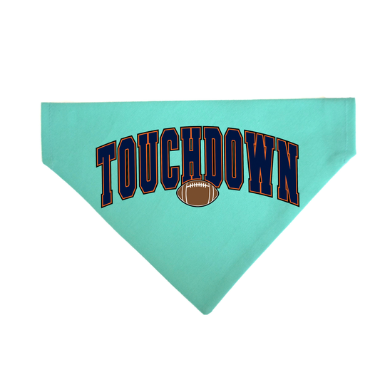 Turquoise bandana with 'TOUCHDOWN'  in the colors of the Chicago Bears and a football graphic on a white background