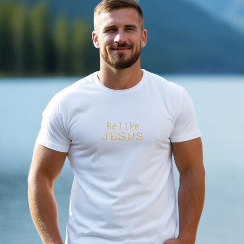 White tshirt with yellowish/gold lettering 