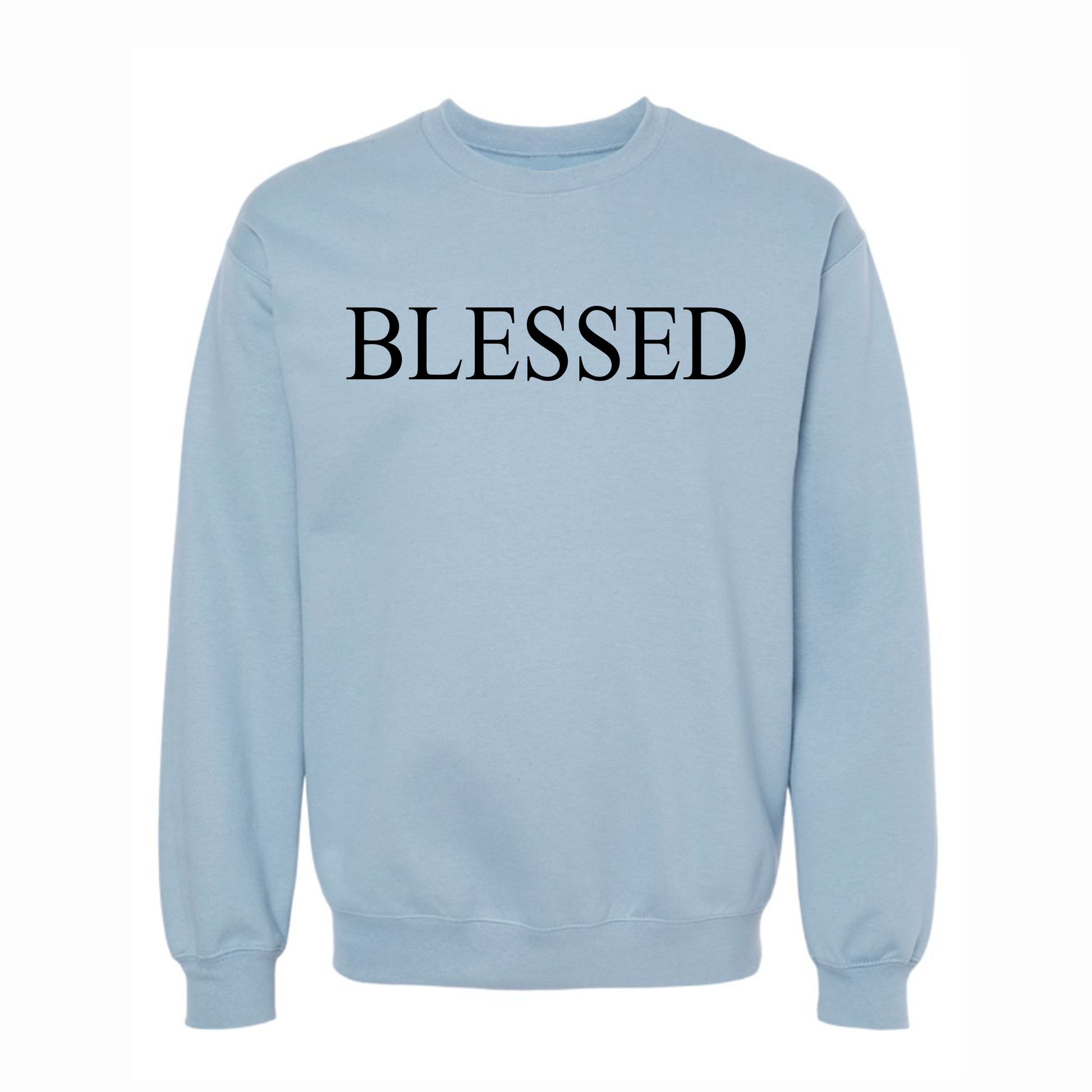 Light blue sweatshirt with 'BLESSED' text on a white background