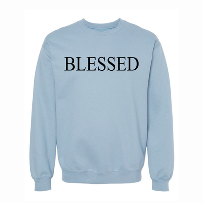 Light blue sweatshirt with 'BLESSED' text on a white background