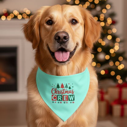 Dog wearing a 'Christmas Crew' bandana with a festive background
