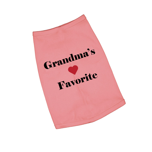 Dog shirt with 'Grandma's Favorite' text and heart symbol on a white background